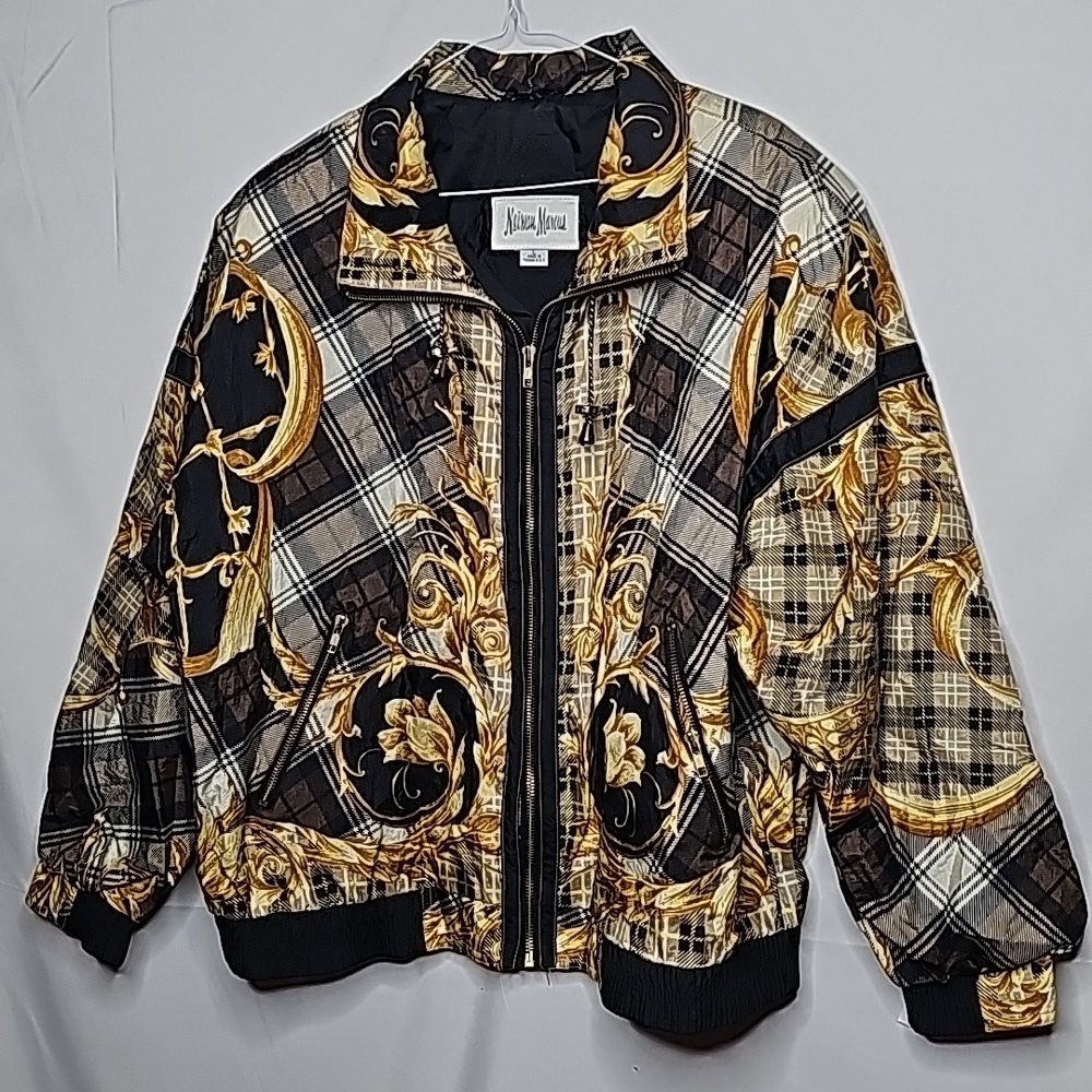 Neiman Marcus Vintage 1980's baroque style print zip up jacket gold jacket Lg
